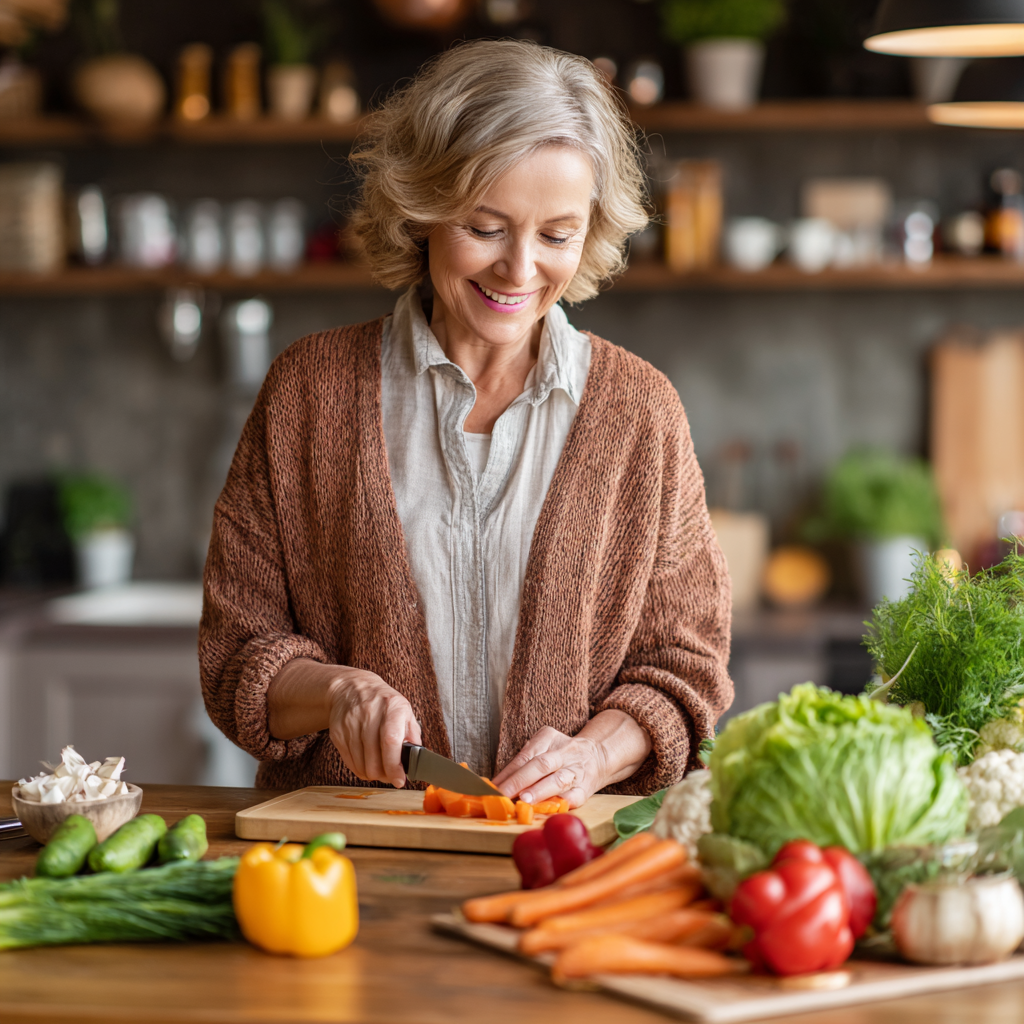 middle-aged woman preparing healthy balanced meal with fresh vegetables