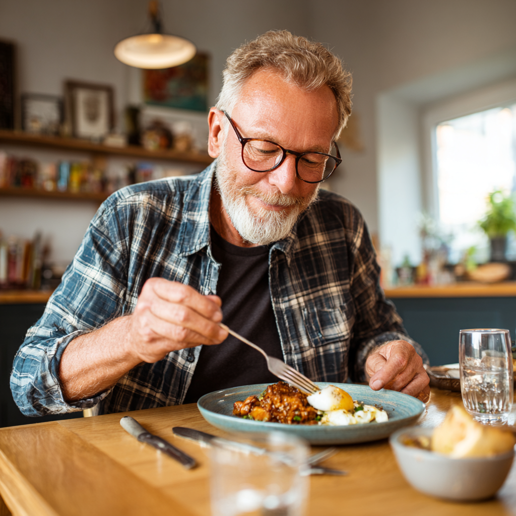 senior adult man enjoying nutritious meal at home